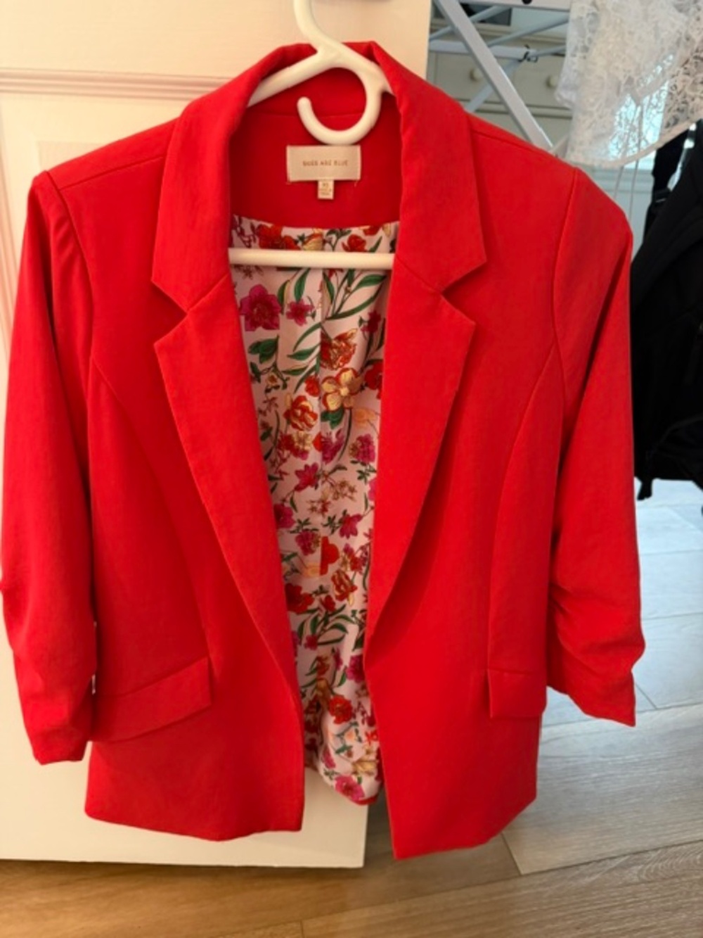 Skies Are Blue - Ruched Sleeve Blazer - Tomato Red / XS